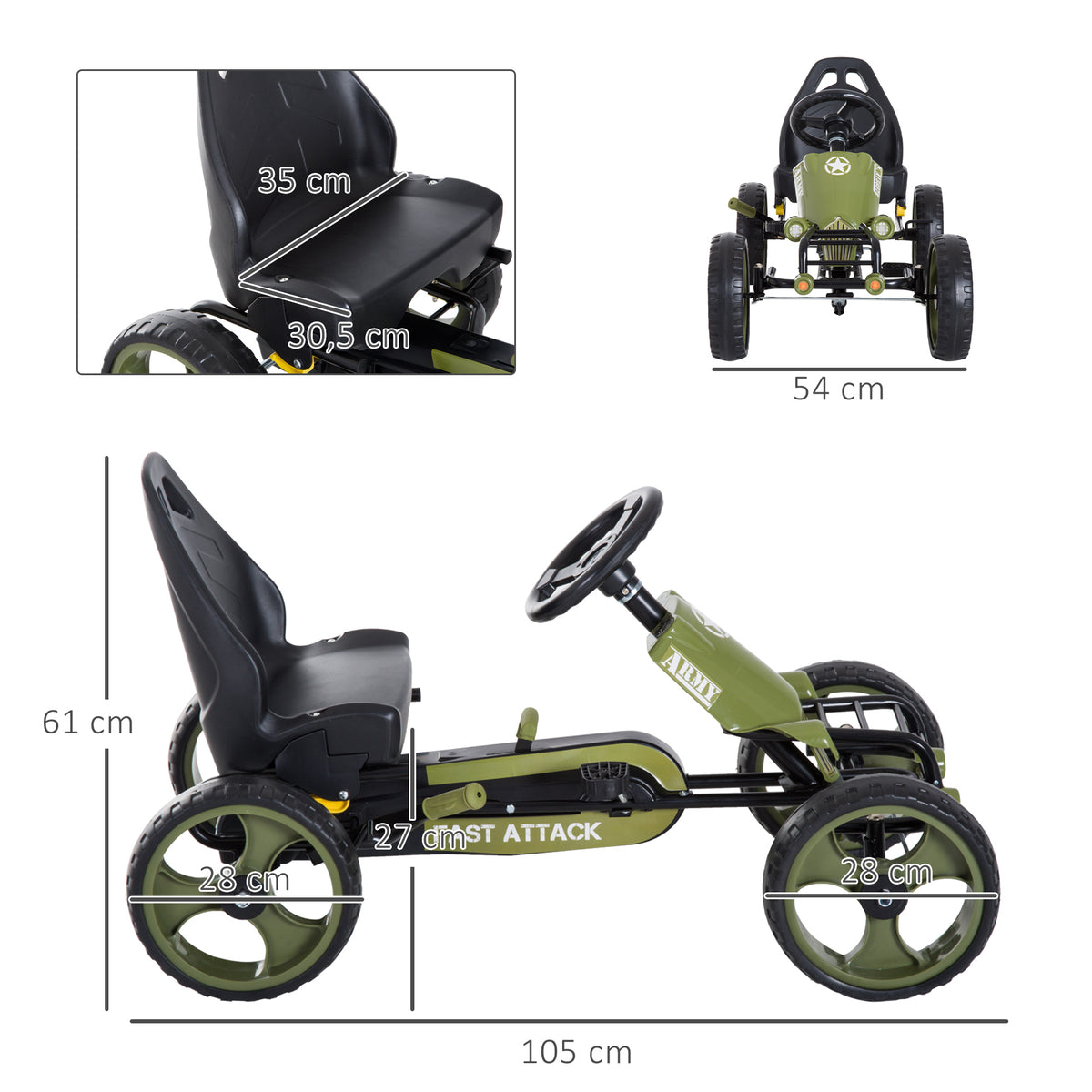 Go-Kart a pedais para crianças acima de 3 anos com freio embreagem assento ajustável máx. 35 kg 105x54x61cm Verde — foto 3