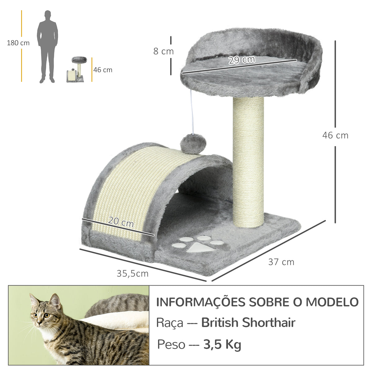 Arranhador para Gatos Pequena Altura 46 cm de 2 Níveis com Poste e Tapete de Arranhar Cama e Bola Suspensa 35,5x37x46 cm Cinza — foto 3