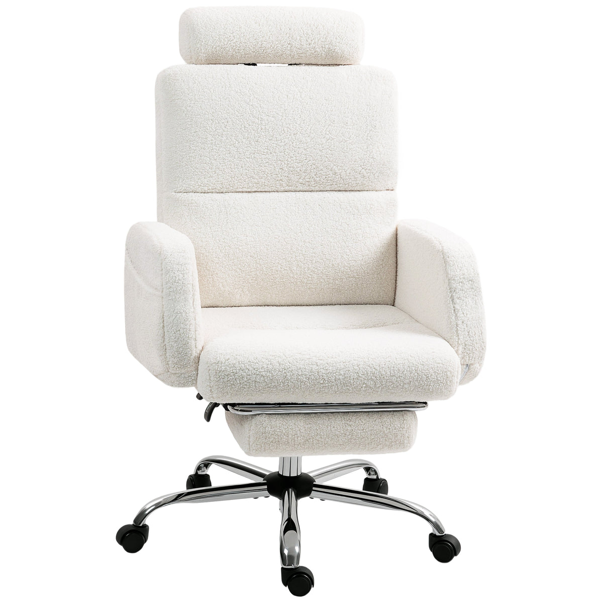 Cadeira de Escritório com Apoio para Pés Estofada em Borreguito Cadeira de Escritório com Encosto Reclinável Apoio de Cabeça Ajustável Encosto Alto Altura Ajustável 67x74x107-115 cm Creme — foto 1