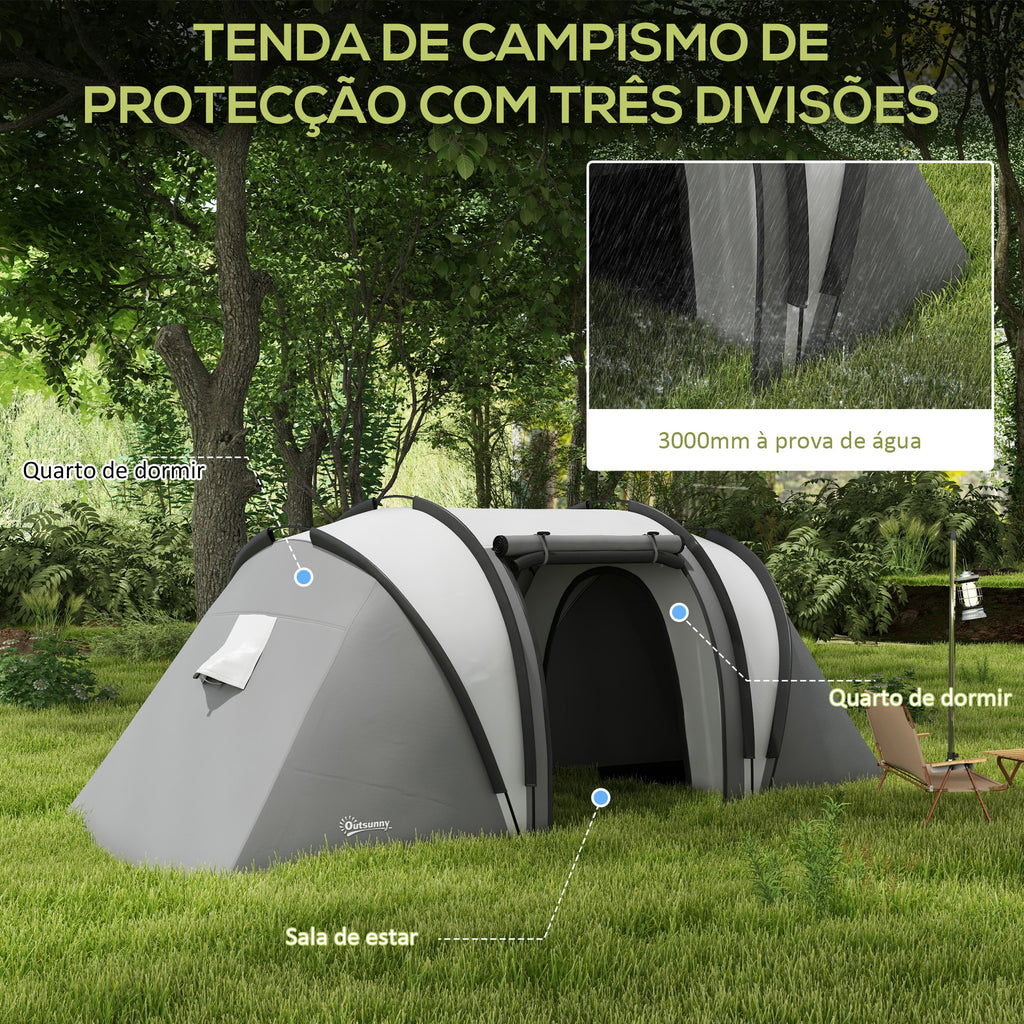 Tenda de Campismo Familiar para 4-5 Pessoas Tenda de Campismo Túnel Impermeável 3000 mm com 2 Quartos Bolsa de Transporte e Gancho Ideal para Caminhadas e Pesca Cinzento — foto 4