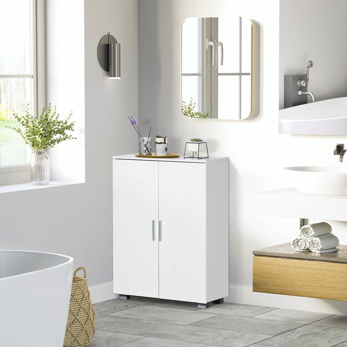 kleanklin Armário de Casa de Banho com 2 Portas e 2 Prateleiras Ajustáveis em 7 Níveis Móvel Auxiliar de Armazenamento para Sala de Estar Cozinha 60x30x80cm Branco — foto 2