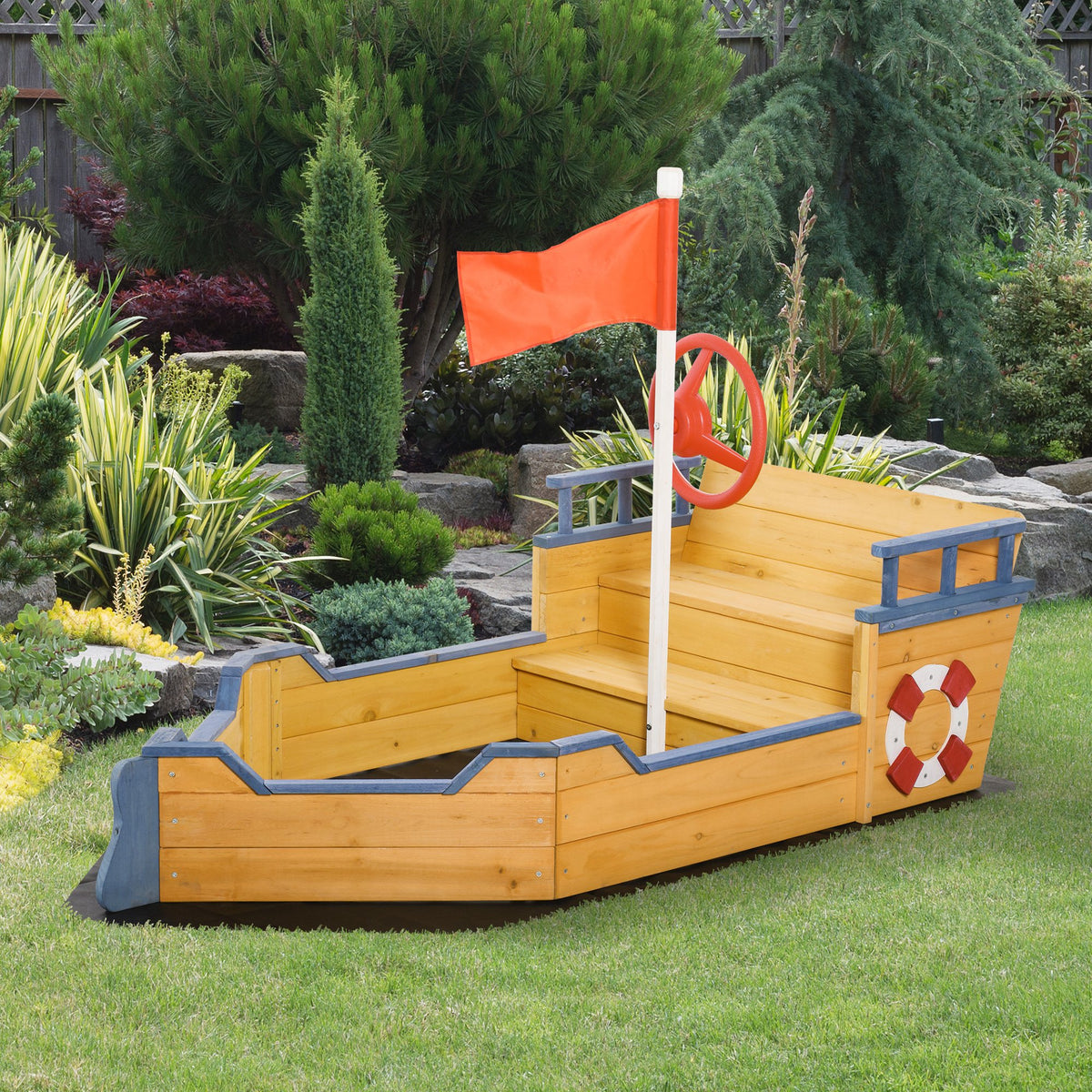 Caixa de Areia Infantil de Madeira Desenho de Galeão com Assento 2 Degraus Bandeira Vermelha e Leme Caixa de Areia de Jardim para Crianças acima de 3 Anos 158x78x45,5cm Natural — foto 2