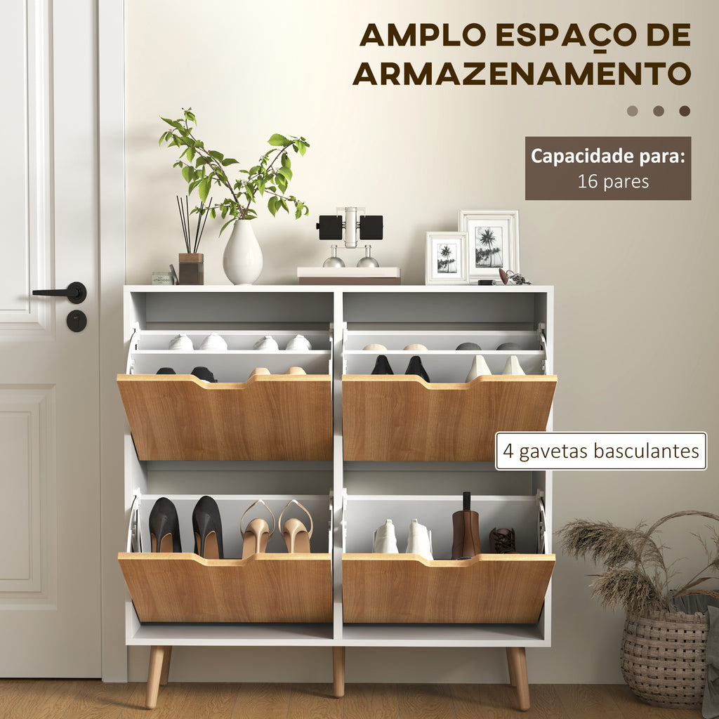Sapateira com 4 Gavetas e Prateleiras Ajustáveis Móvel para Sapatos de Corredor para 16 Pares de Sapatos 95x26x95 cm Branco e Madeira — foto 4