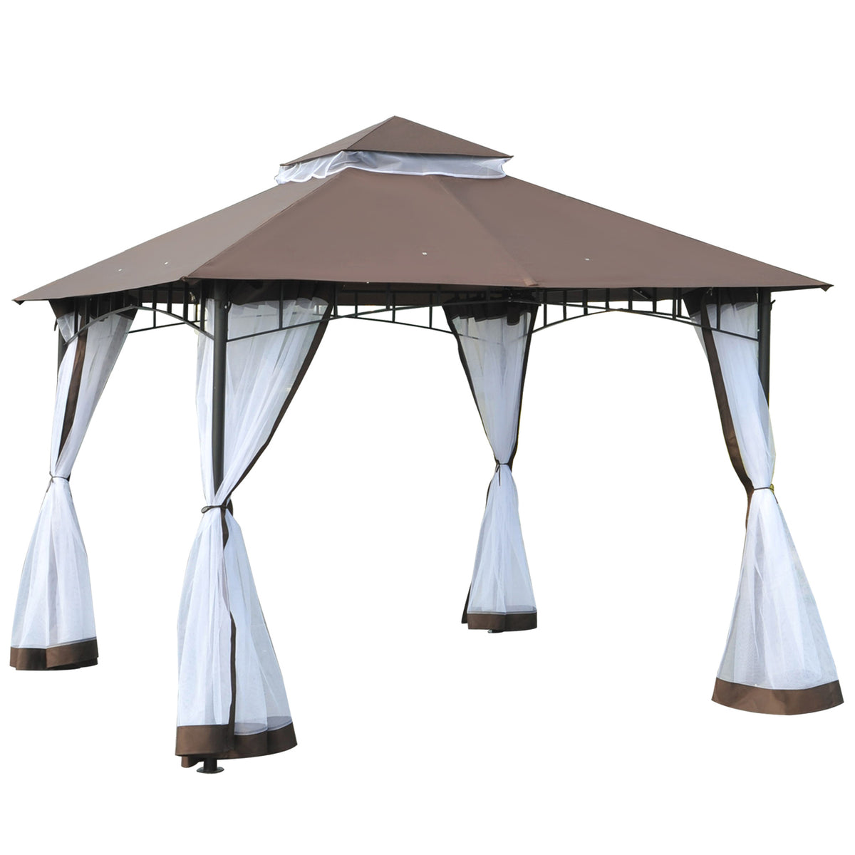 Pérgola de Jardim 295x295x270 cm Pérgola com Teto Duplo e Rede Mosquiteira com Zíper para Eventos Festas Casamentos Marrom e Branco — foto 1