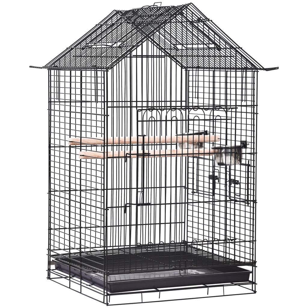 Gaiola com suporte e rodas Freios Bandeja Removível 2 alimentadores Prateleira inferior de metal para papagaios periquitos canários 51x51x135 cm preto — foto 6
