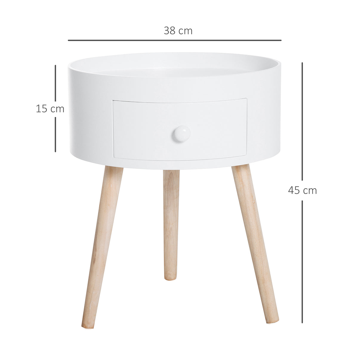 Mesa de Cabeceira com 1 Gaveta Mesa Auxiliar Redonda com Borda Elevada e 3 Pés de Madeira para Dormitório Sala de Estar Estilo Moderno Ø38x45 cm Branco — foto 3