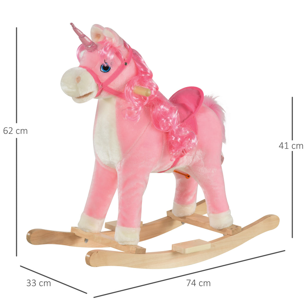 Cavalo de balanço para bebê acima de 36 meses com forma de unicórnio Agradável com sons engraçados de música Almofada macia Apoio para os pés 74x33x62 cm Rosa — foto 3