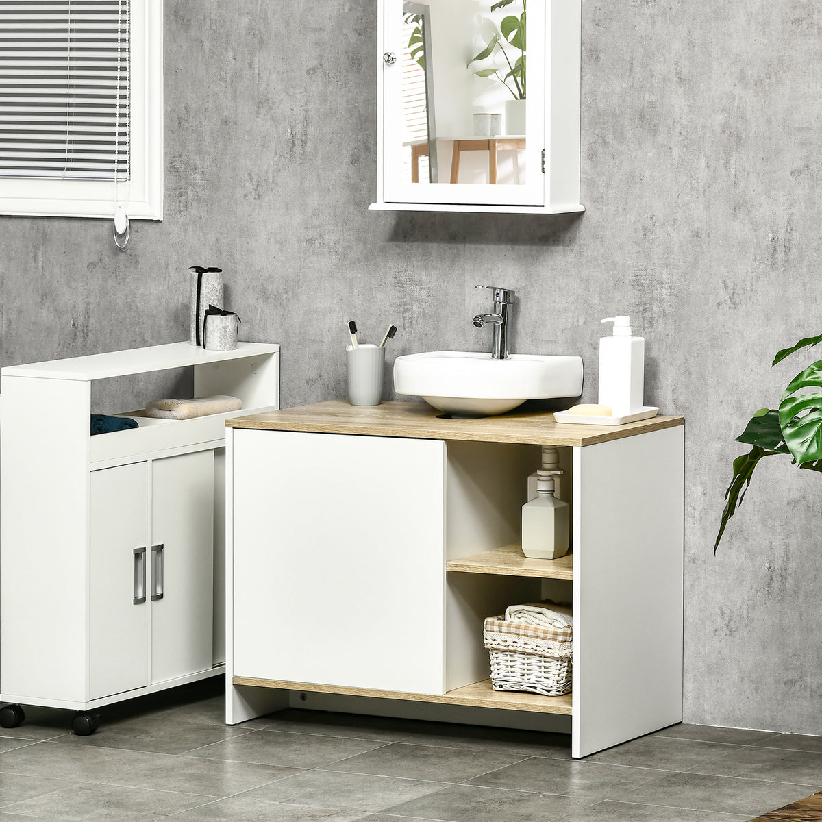 Móvel para Lavatório Pousar Móvel Casa de Banho Moderno com Prateleiras Abertas e Armário 77x45x60 cm Branco e Madeira — foto 2