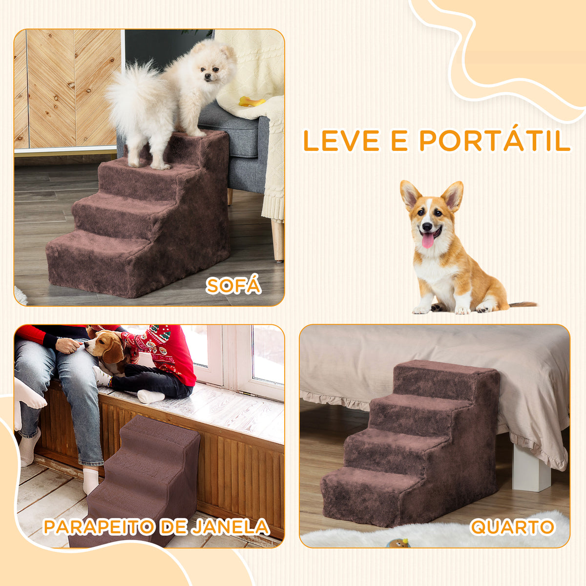 Escada para Animais de Estimação com 4 Degraus 2 em 1 com Capa Removível e Lavável Escada para Cães Gatos Carga 30kg 60x35x44 cm Marrom — foto 7