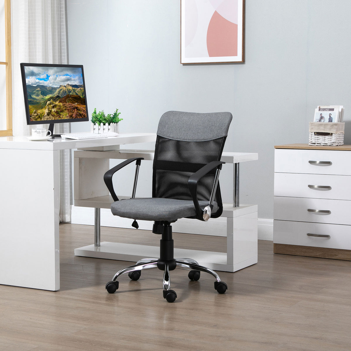 Cadeira ergonômica giratória de escritório com assento ajustável em altura, apoios de braço e rodas 57x57x93-103 cm Preto e cinza — foto 2