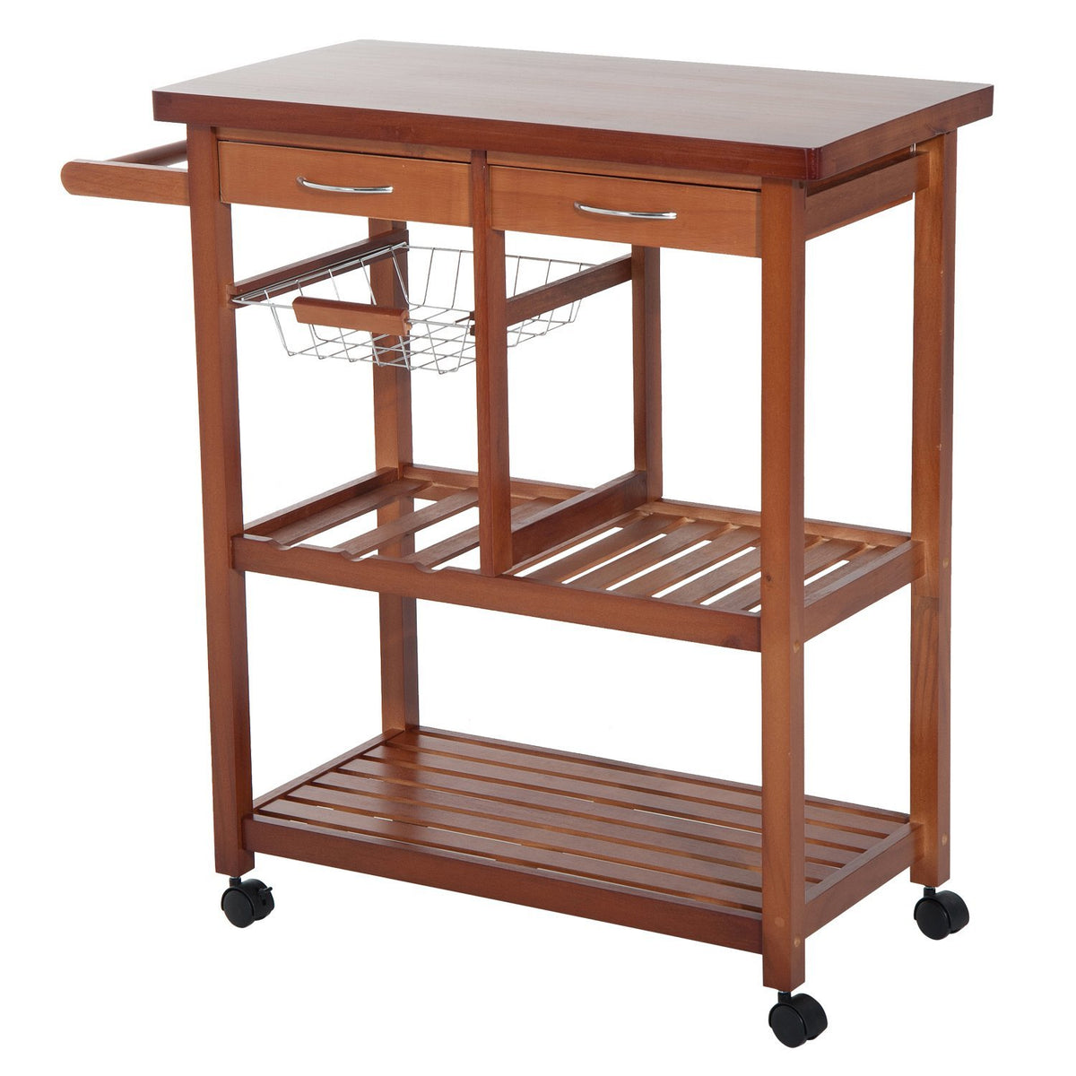 Carrinho de Cozinha Auxiliar Carrinho de Cozinha com Prateleiras Gaveta Suporte para Garrafas e 4 Rodas 85x37x85cm Nogueira — foto 1