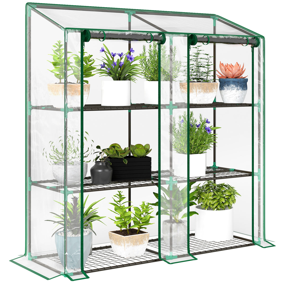 Estufa de Jardim de 3 Níveis Estufa de Terraço com Prateleiras Teto Inclinado e 2 Portas com Fecho de Correr para Cultivo de Plantas em Pátio 143x46x141/151 cm Transparente — foto 1