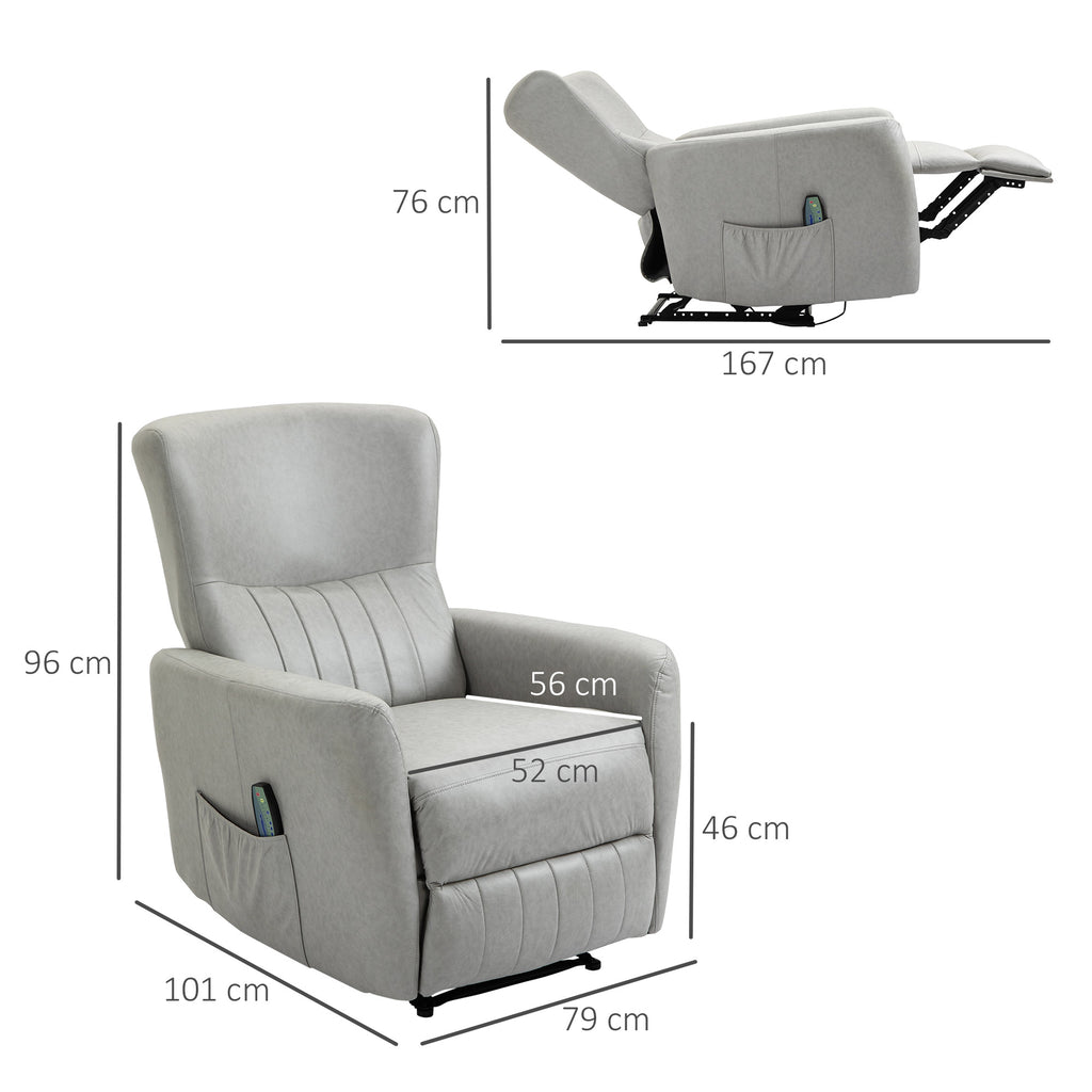 Poltrona de Massagem Relax Estofada em Tecido Técnico com Reclinação Manual 155° 8 Zonas de Massagem Contolo Remoto Apoio para os Pés e 2 Bolsos Laterais 79x101x96cm Cinza Claro — foto 3