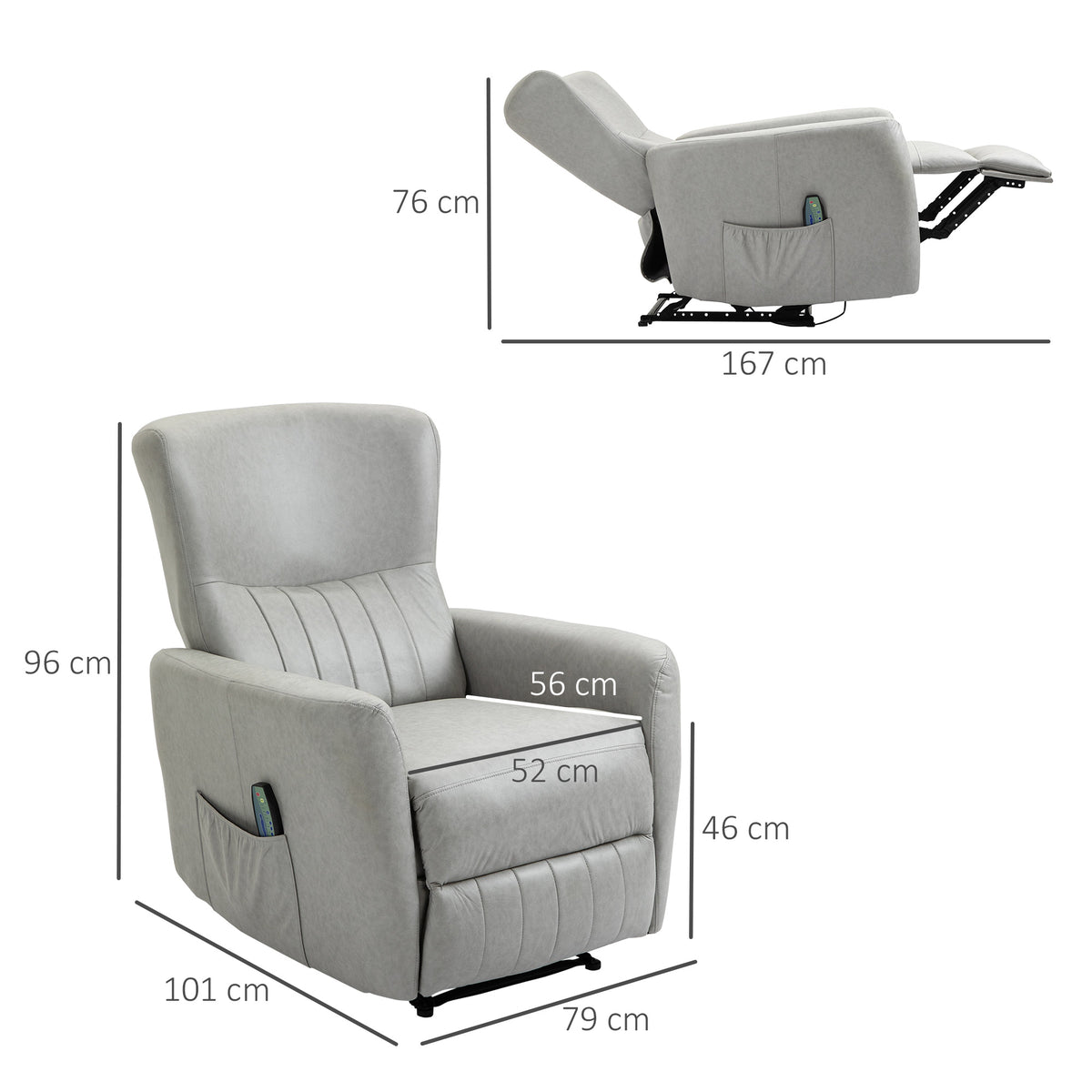 Poltrona de Massagem Relax Estofada em Tecido Técnico com Reclinação Manual 155° 8 Zonas de Massagem Contolo Remoto Apoio para os Pés e 2 Bolsos Laterais 79x101x96cm Cinza Claro — foto 3