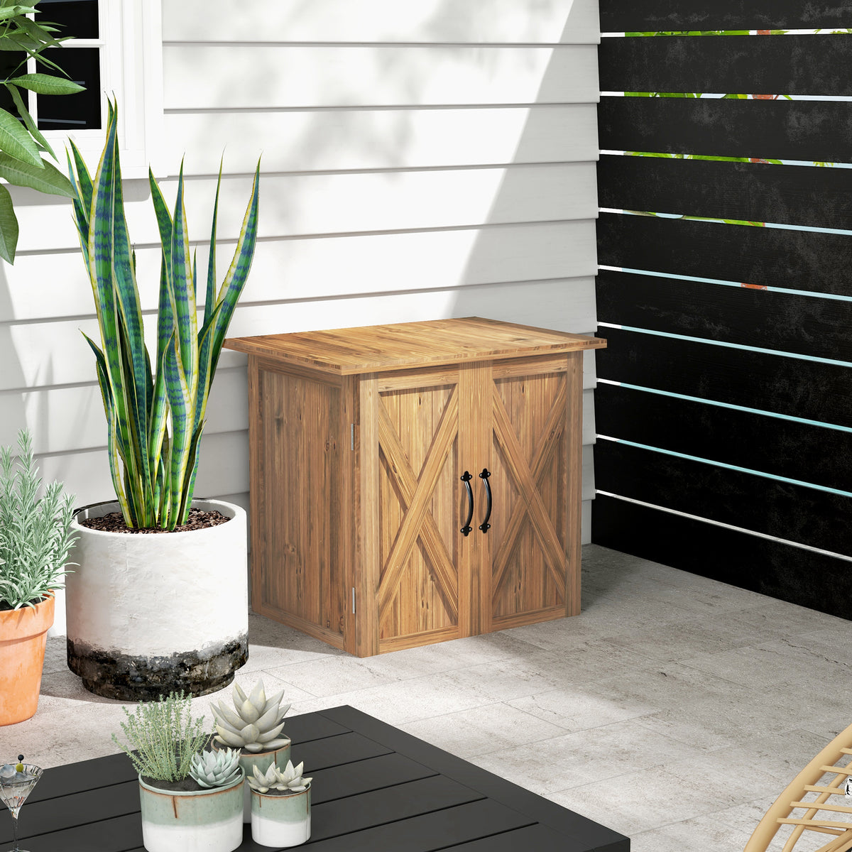 Ármário de Jardim Abrigo de Madeira para Exterior com 2 Portas Magnéticas Abrigo para Armazenamento de Ferramentas 77x55x72 cm Marrom — foto 2