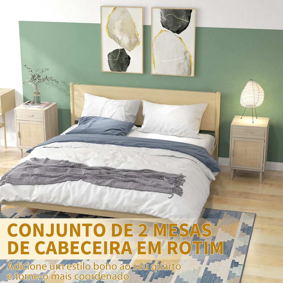 Conjunto de 2 Mesas de Cabeceira Mesas Auxiliares com Gaveta de Vime e Prateleira Ajustável para Quarto Sala 40x40x68,5 cm Carvalho — foto 4