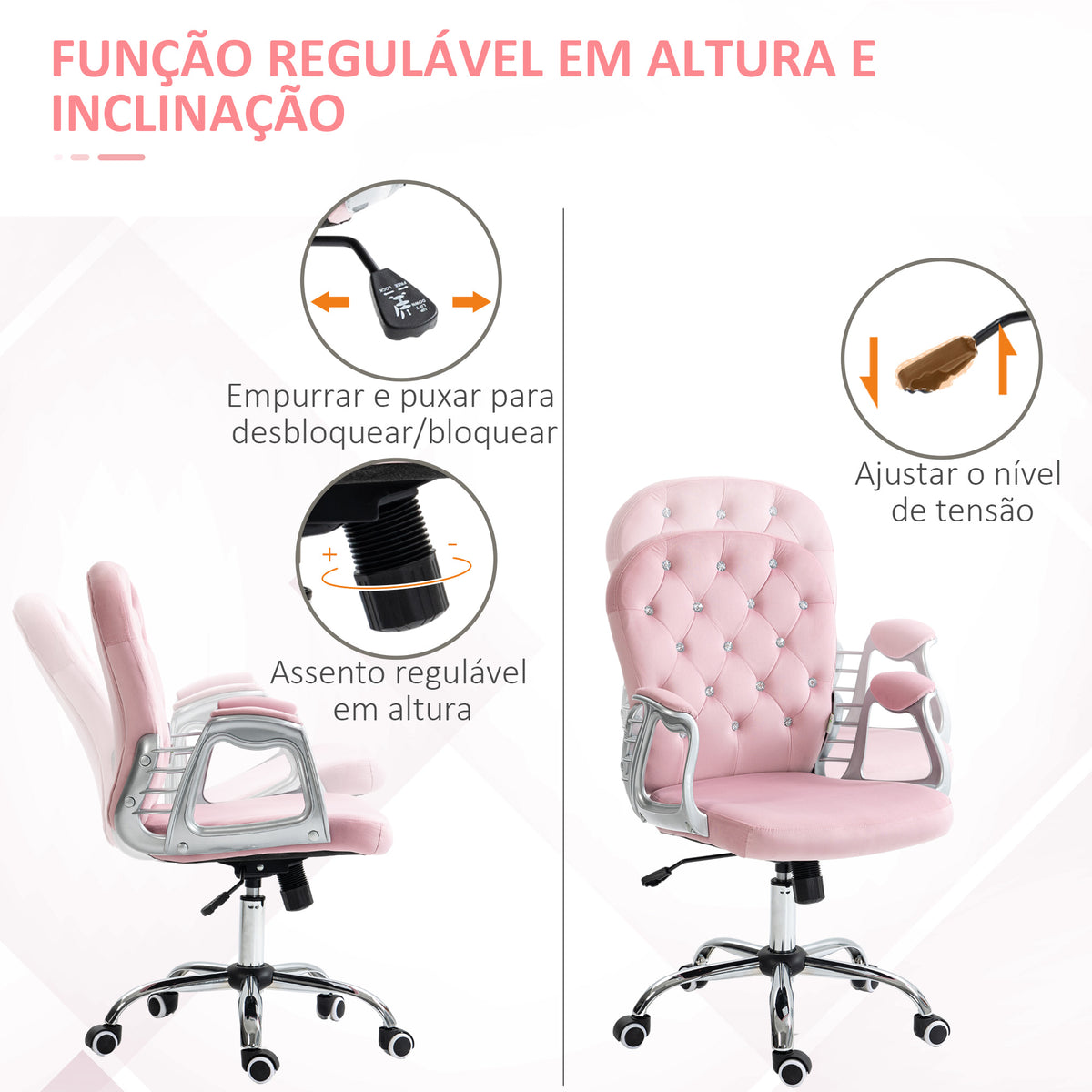 Cadeira de Escritório Estofada em Veludo Cadeira Giratória com Altura Ajustável Apoio para os Braços e Decorações de Cristal Carga 120 kg Cadeira para Estudio Dormitório Rosa — foto 4