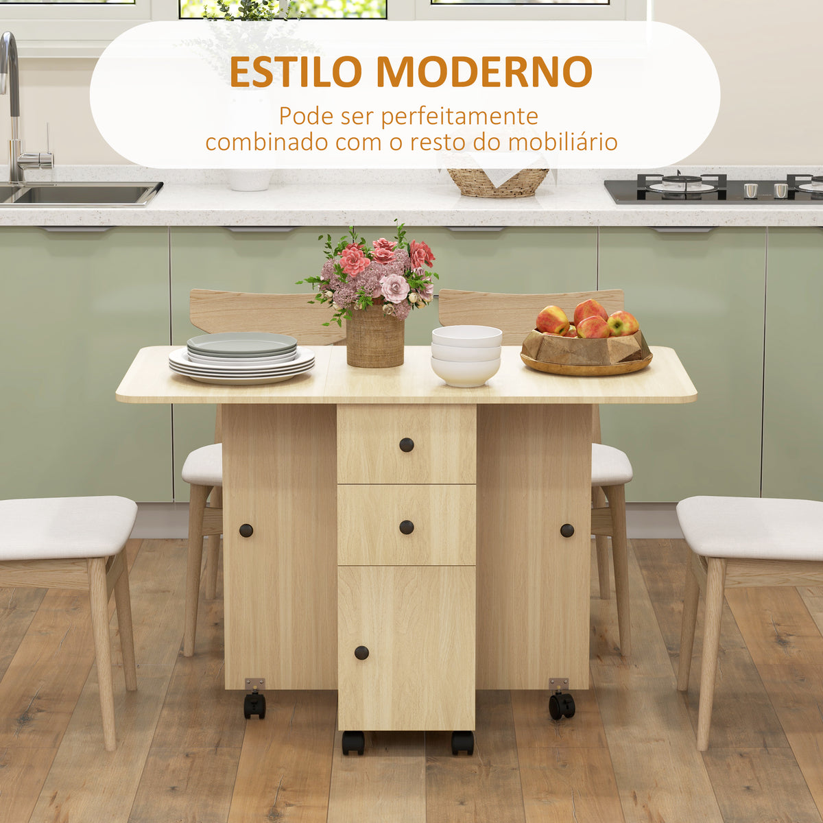 Mesa de Jantar Dobrável com Rodas Mesa Abatível com 2 Gavetas e Armário Mesa Auxiliar Multifuncional para Estúdio Cozinha 120x60x76,5 cm Madeira — foto 4