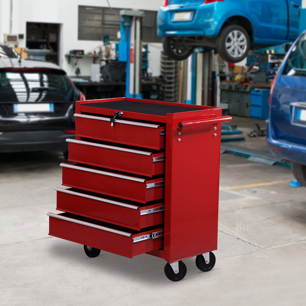 Carrinho de Ferramentas para Oficina com Rodas e 5 Gavetas Fechadura e Alça Lateral 67,5x33x77 cm Vermelho — foto 2