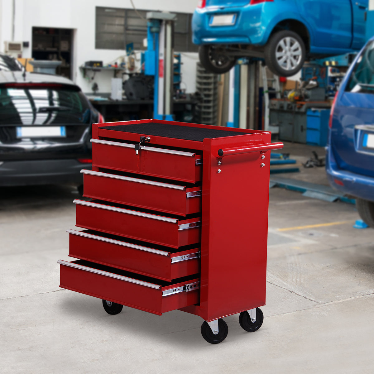 Carrinho de Ferramentas para Oficina com Rodas e 5 Gavetas Fechadura e Alça Lateral 67,5x33x77 cm Vermelho — foto 2