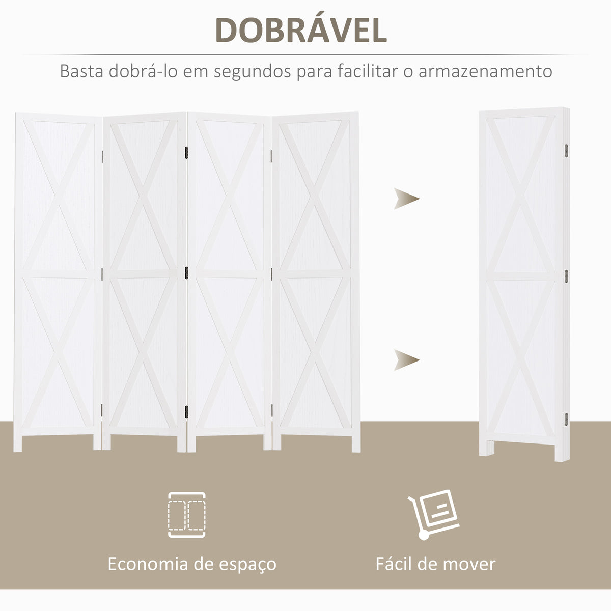 Biombo de 4 Paineis Separador de Ambientes Dobrável 182x170cm Divisória para Espaços de Madeira Decoração Elegante para Dormitório Sala de Estar Branco — foto 4