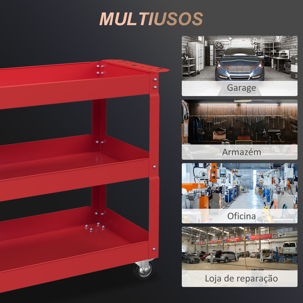 Carrinho de Ferramentas com Rodas Carro de Ferramentas de Oficina de Aço com 3 Prateleiras de Armazenamento e Alça Lateral para Garagem Oficina Carga Máxima 150kg 83x35,3x76 cm Vermelho — foto 6