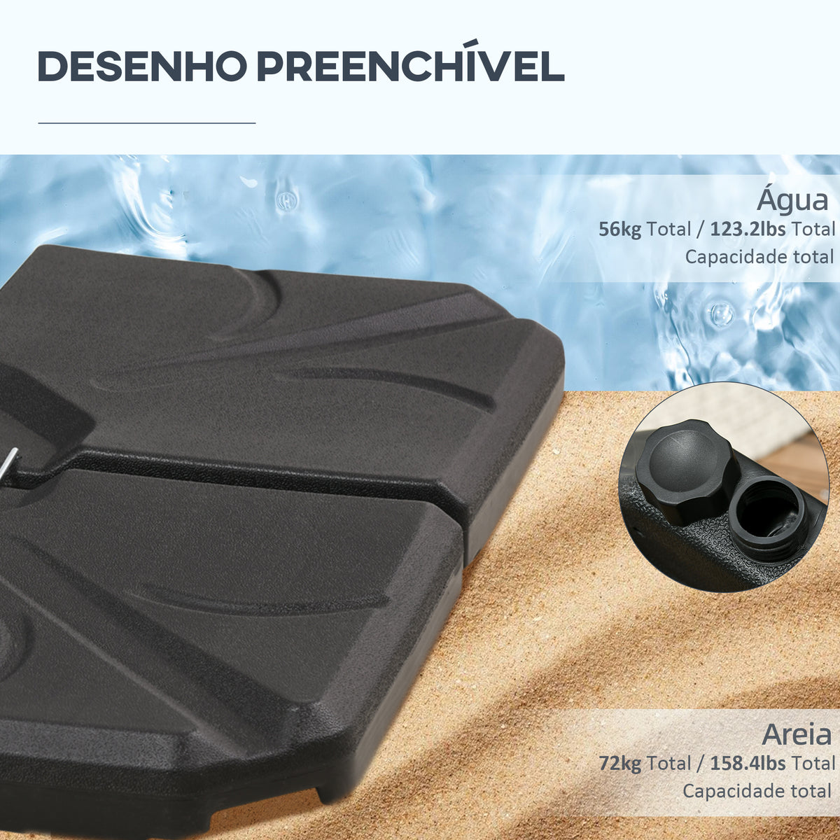 Base para Chapéu de Sol de 4 Peças Suporte para Chapéu de Sol Recarregável com Areia 72 kg ou Água 56 kg para Jardim Pátio ou Terraço Preto — foto 5