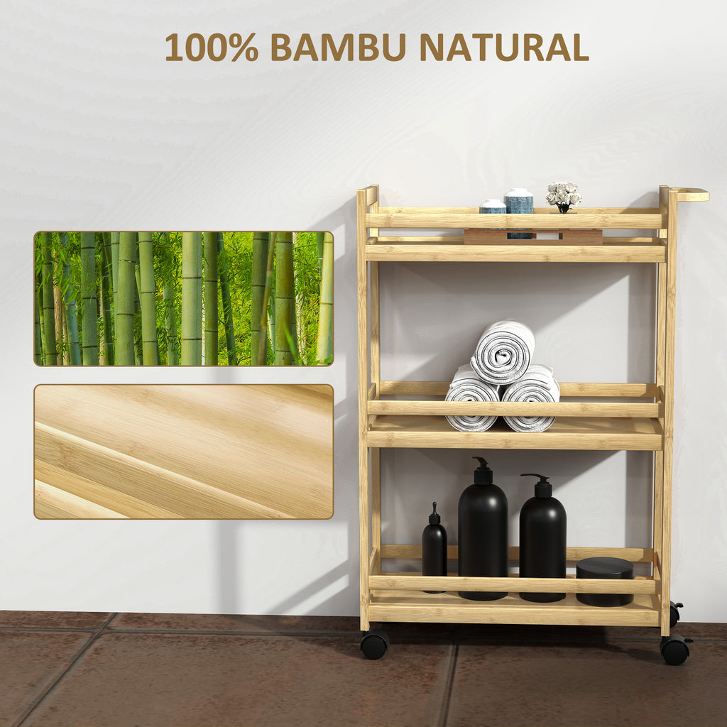 Carrinho para Casa de Banho de Bambu com 3 Níveis Carrinho de Arrumação com Rodas para Casa de Banho Cozinha 55x20x75 cm Madeira — foto 6