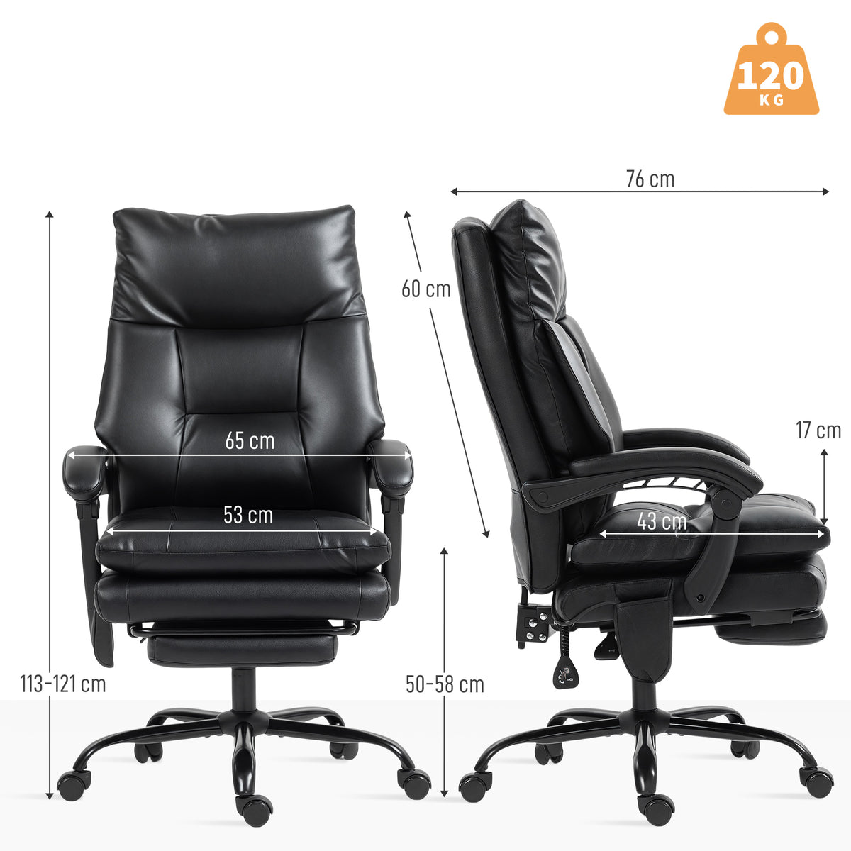 Cadeira de Escritório com Suporte Lombar Inflável Estofada em PU Cadeira de Secretária Giratória com Apoio para Pés Encosto Reclinável Encosto Alto Altura Ajustável 65x76x113-121 cm Preto — foto 3