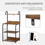 Estante de Cozinha Estante para Microondas com 4 Níveis Ganchos e Pés Ajustáveis Estante de Armazenamento 60x40x125 cm Marrom Rústico — foto 7
