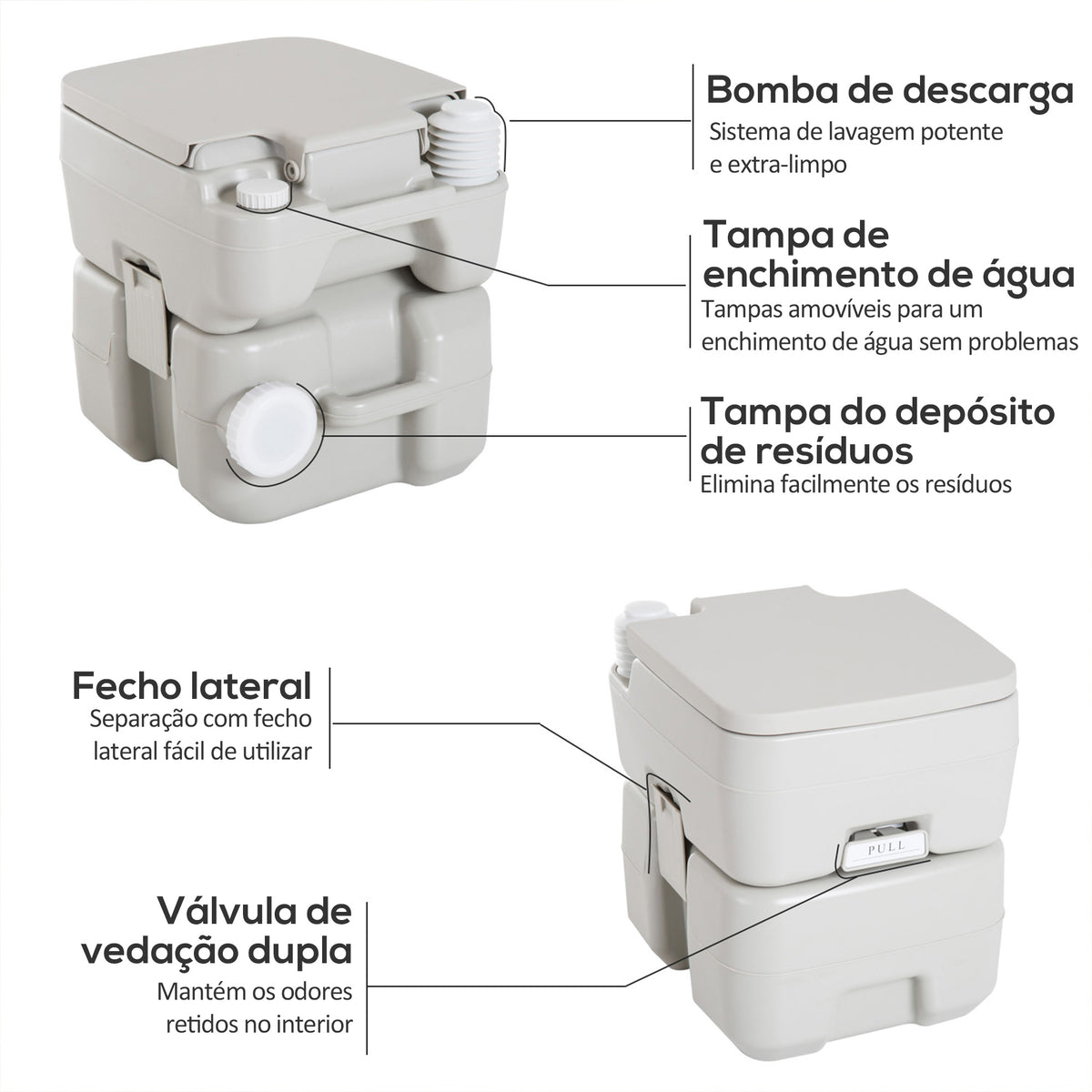 Sanita Portátil Sanita de 20L com Tampa para Campismo Viagem Barco Capacidade Máxima 147 kg 41,5x36,5x42 cm Cinza Claro — foto 4