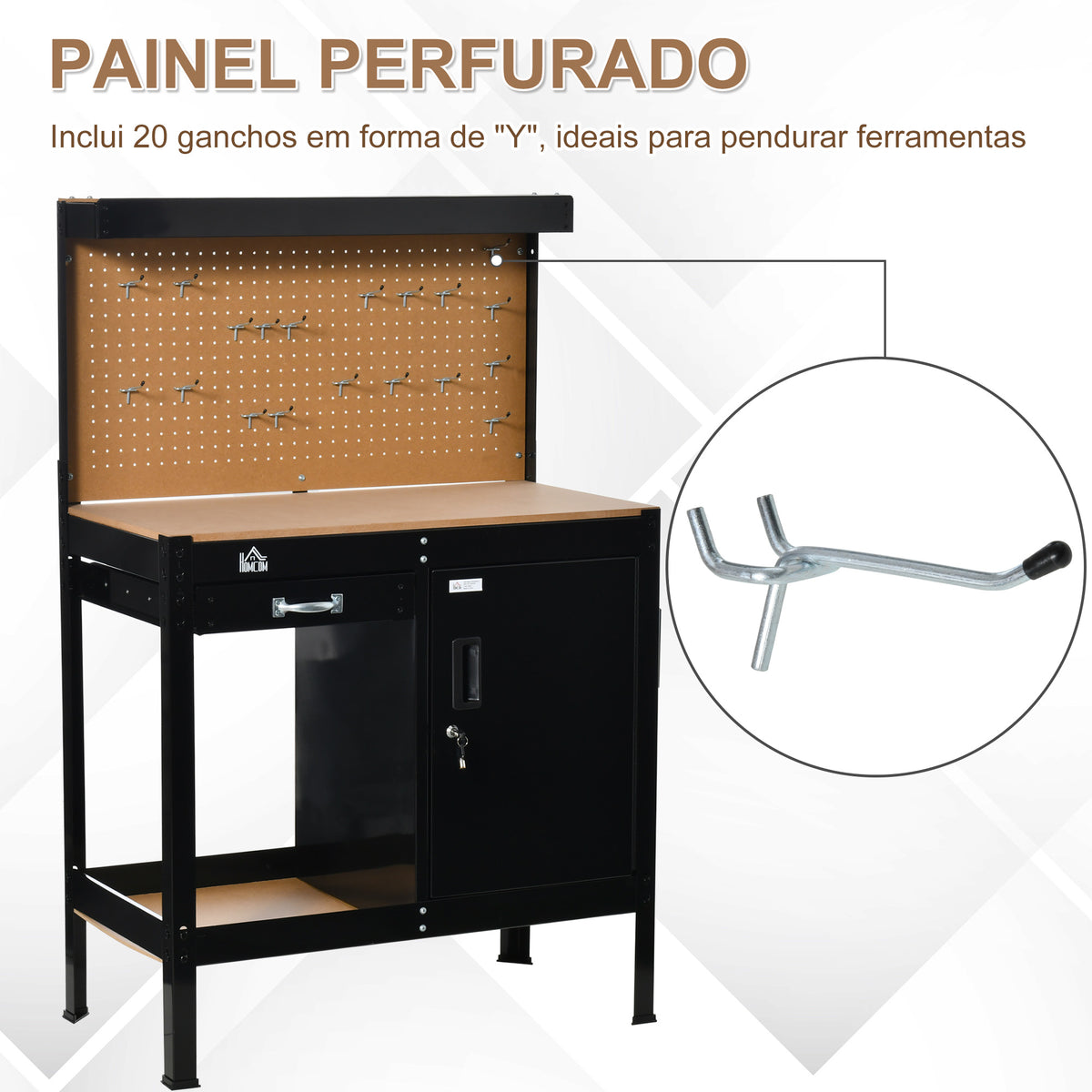 Bancada de Trabalho 98,5x48x140 cm Carga 100 kg Mesa de Trabalho com Painel Perfurado Gaveta Prateleira e Armário com Fechadura Preto — foto 4