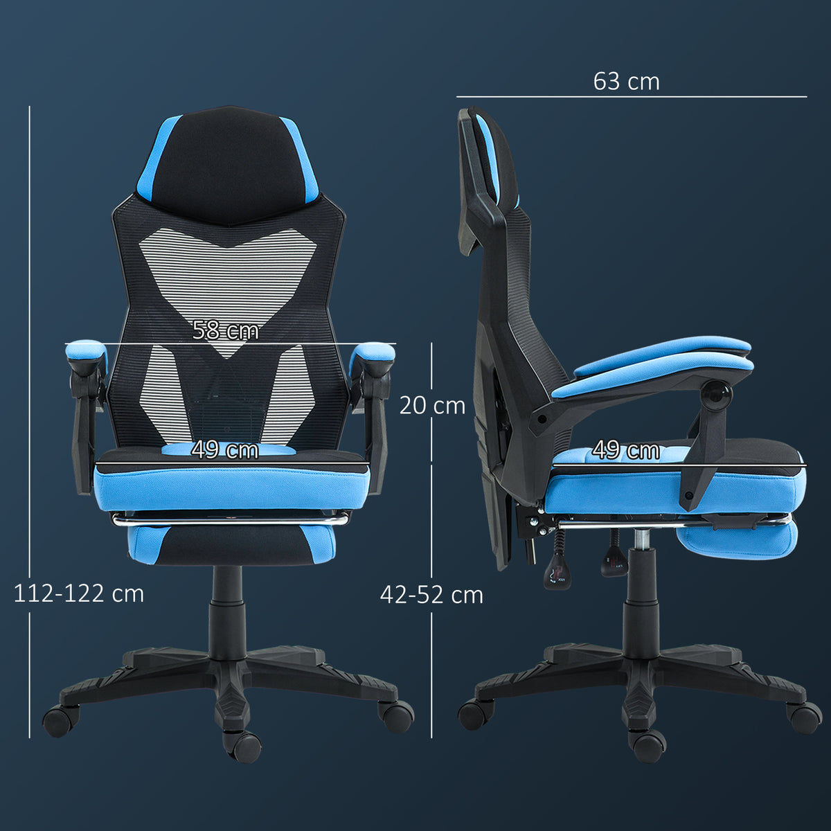 Cadeira de Escritório Ajustável em Altura Cadeira para Secretária Giratória de 360° Reclinável até 135° com Apoio para os Braços e Apoio para os Pés Retrátil 58x72x108-118 cm Azul — foto 3