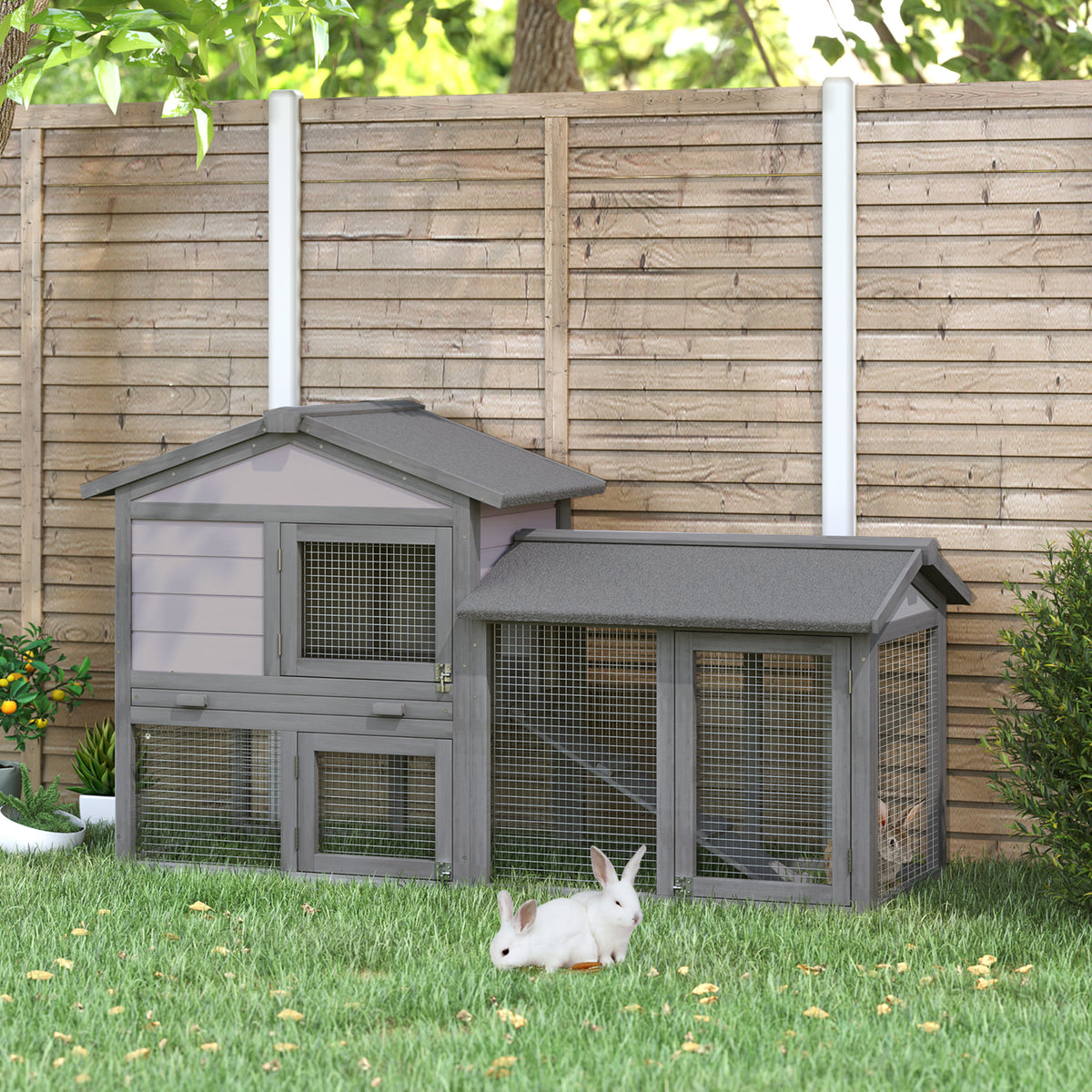 Casa para Coelhos de Madeira Coelheira para Exterior com Bandeja Removível 147x54x84cm Cinza — foto 2