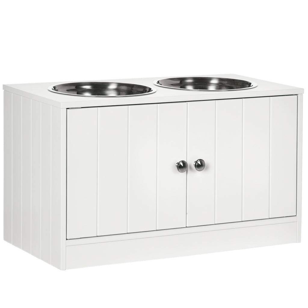 Comedouro Elevado para Cães Grandes com 2 Tigelas de 2000ml de Aço Inoxidável Comedouro para Cães com 2 Portas e Armazenamento Oculto 60x30x35,5cm Branco — foto 1