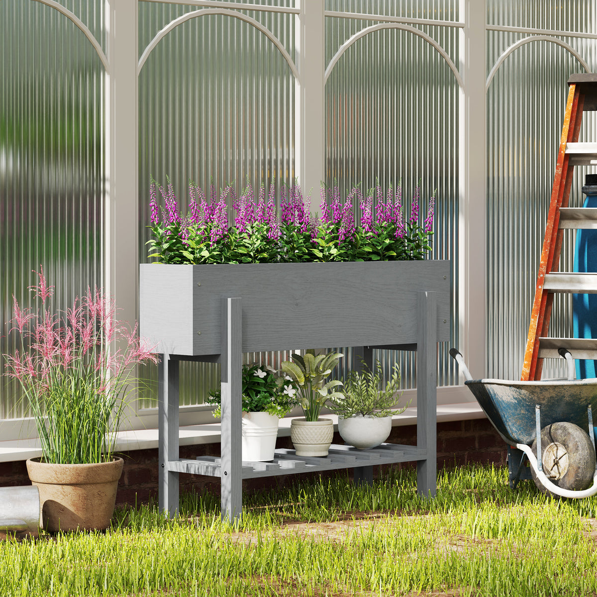Horta Vertical de Madeira Mesa de Cultivo com Prateleira Floreira Elevada para Cultivos de Flores Vegetais em Jardim Varanda 100x30x70,5 cm Cinza — foto 2