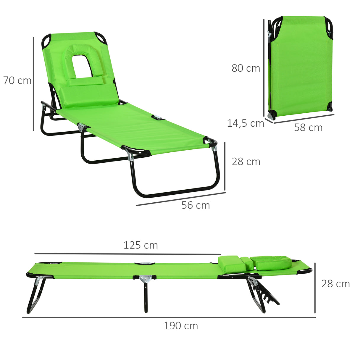 Espreguiçadeira Dobrável com Encosto Regulável em 4 Posições, Espreguiçadeira de Jardim com Orifício para Leitura, Almofada, Estrutura Metálica e Tecido Oxford para Praia e Terraço, Peso Máx. 120 kg, 190x56x28 cm, Verde — foto 3