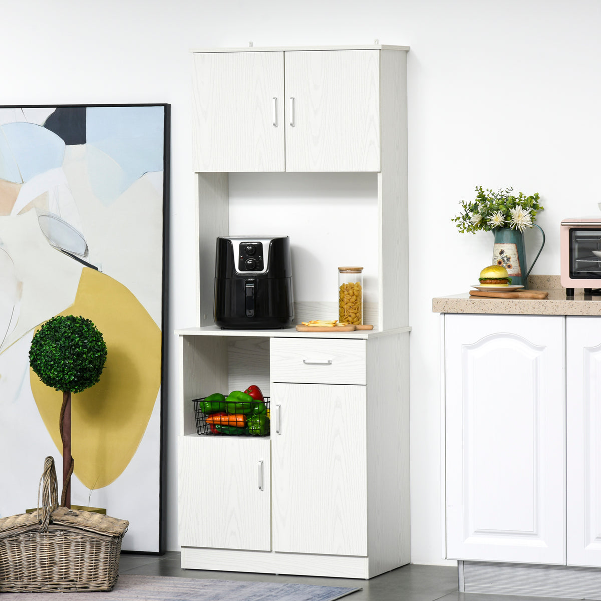 Armário Auxiliar para Cozinha com 3 Armários com Portas Prateleira Ajustável Gaveta e Prateleira Aberta 71x41x178 cm Branco — foto 2