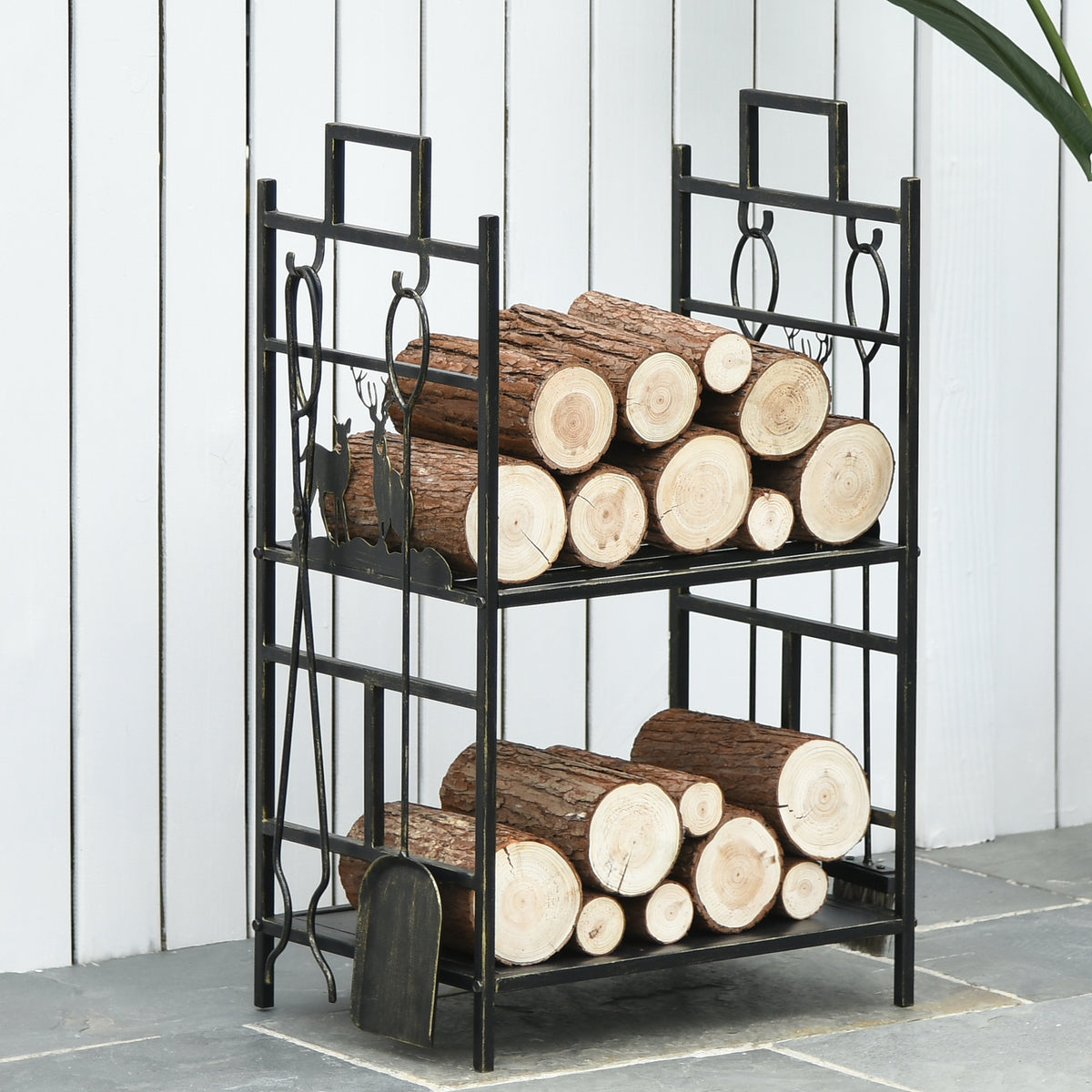 Suporte para Lenha de Ferro Forjado de 2 Níveis com 4 Ferramentas para Interior e Exterior 51,5x33x77 cm Preto e Dourado — foto 2
