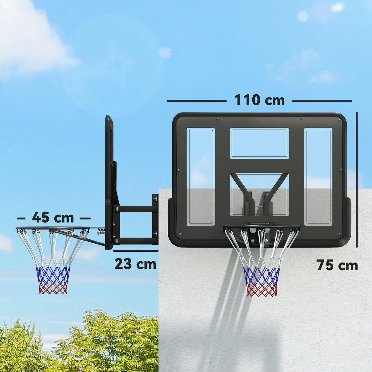 Tabela de Basquetebol de Parede Painel de Basquetebol para Interior e Exterior com Painel Inquebrável de 110x75 cm e Rede Resistente a Rasgos para Adultos e Crianças Preto — foto 3