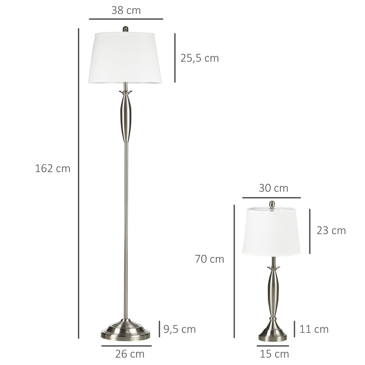 Conjunto de 3 luminárias. 1 candeeiro de pé, 2 candeeiros de mesa, aspeto em linho; 38 cm x 38 cm x 158 cm, Prata + Branco — foto 2