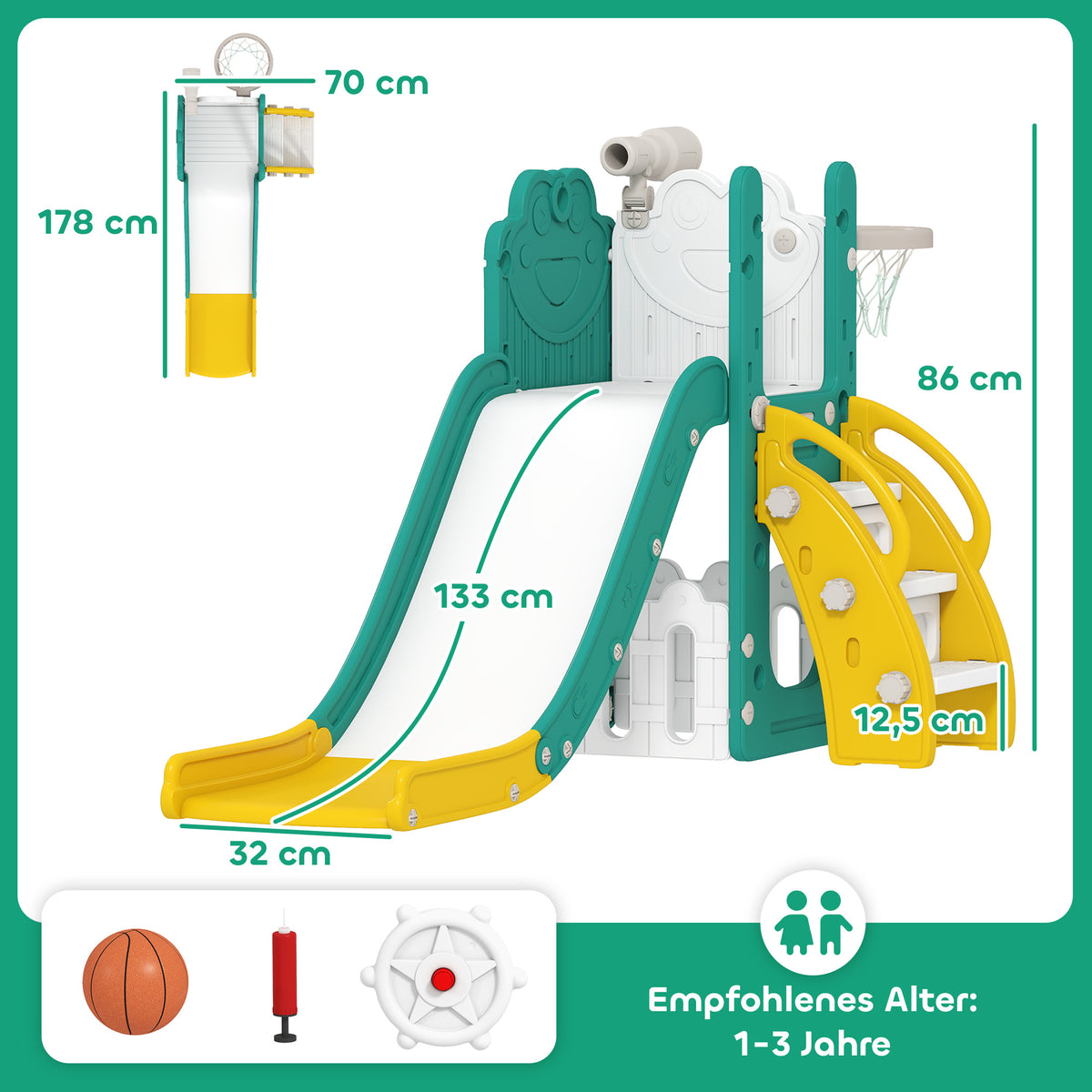 Conjunto 5 em 1 de escorregador infantil, telescópio, cesta de basquete, plástico, Amarelo+Verde — foto 2