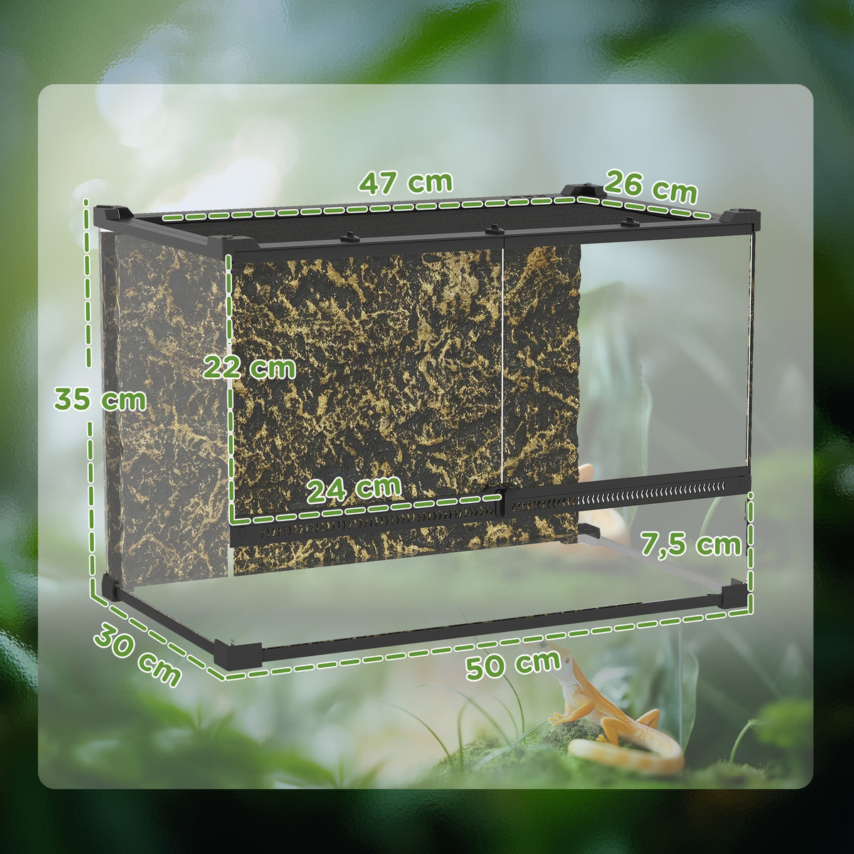 Terrário para Répteis Terrário de Vidro 48 L com Ventilação Frontal Fundo em Pedra Fecho Giratório 50x30x35 cm Preto — foto 2
