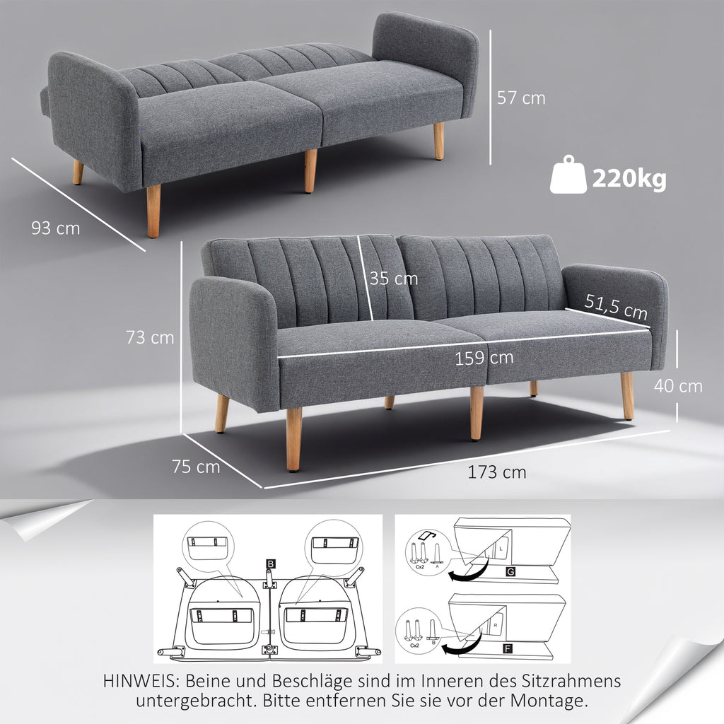 Sofá-cama, sofá de tecido 2 lugares, sofá com função cama, poliéster com aparência de linho, madeira de borracha, 173 x 75 x 73 cm, Cinza — foto 2