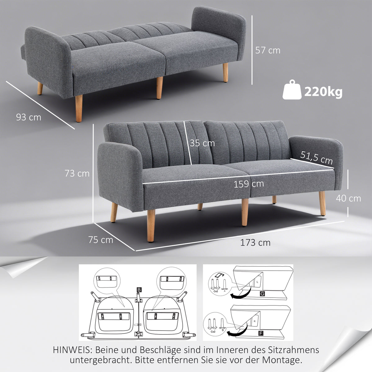 Sofá-cama, sofá de tecido 2 lugares, sofá com função cama, poliéster com aparência de linho, madeira de borracha, 173 x 75 x 73 cm, Cinza — foto 2