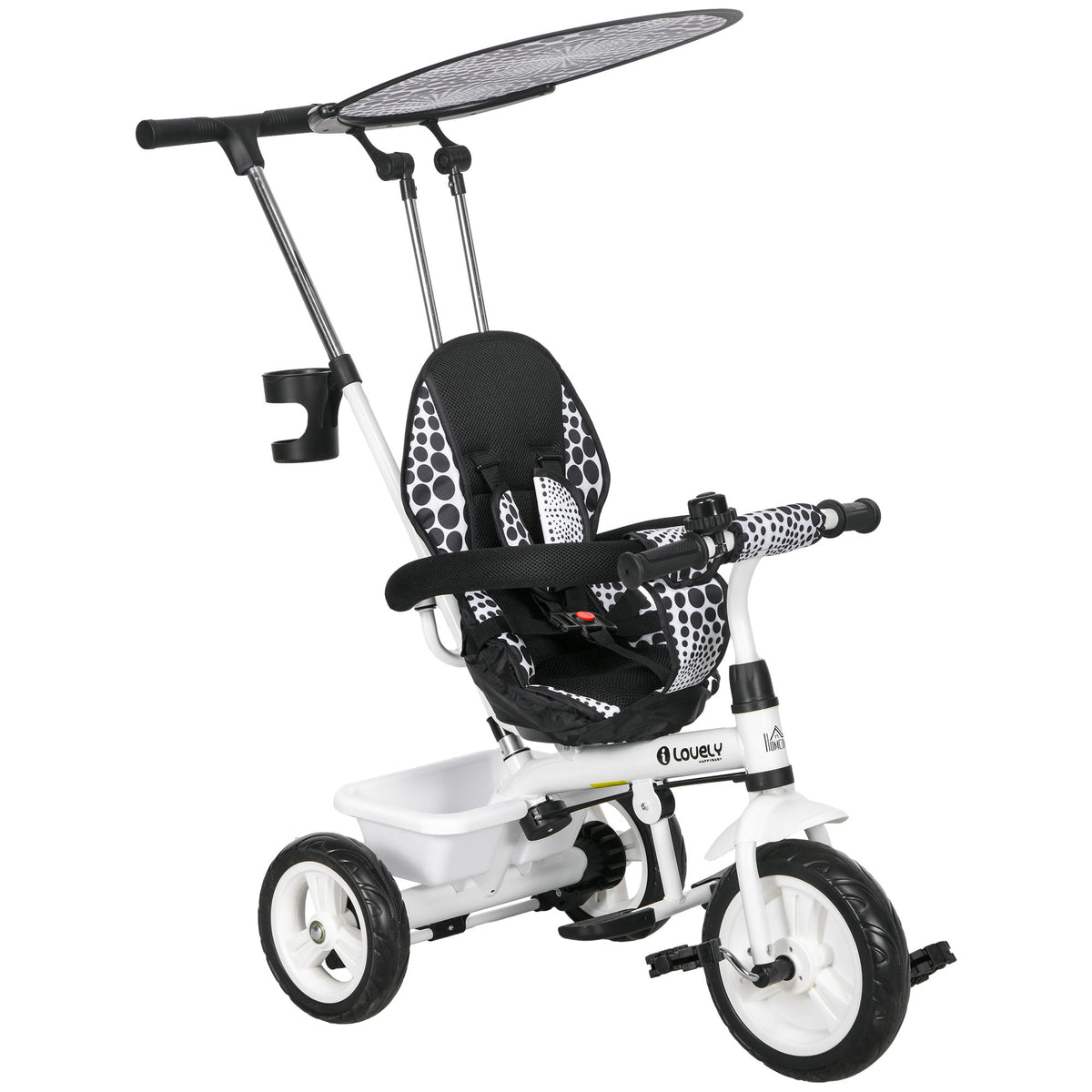 Triciclo para Bebês 2 em 1 Triciclo Evolutivo para Crianças de +12 Meses com Toldo Dobrável Guiador Telescópico e Removível Assento Ajustável Cesto e Suporte para Garrafa Branco — foto 1