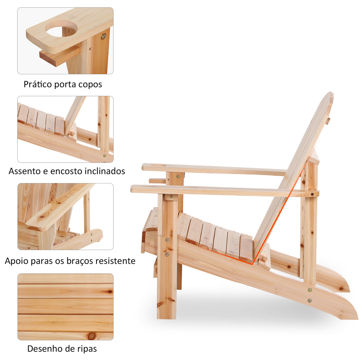 Cadeira Adirondack de Madeira Cadeira de Jardim com Apoio para os Braços Encosto Alto para Terraço Balcão Exterior 72,5x97x96cm Natural — foto 5