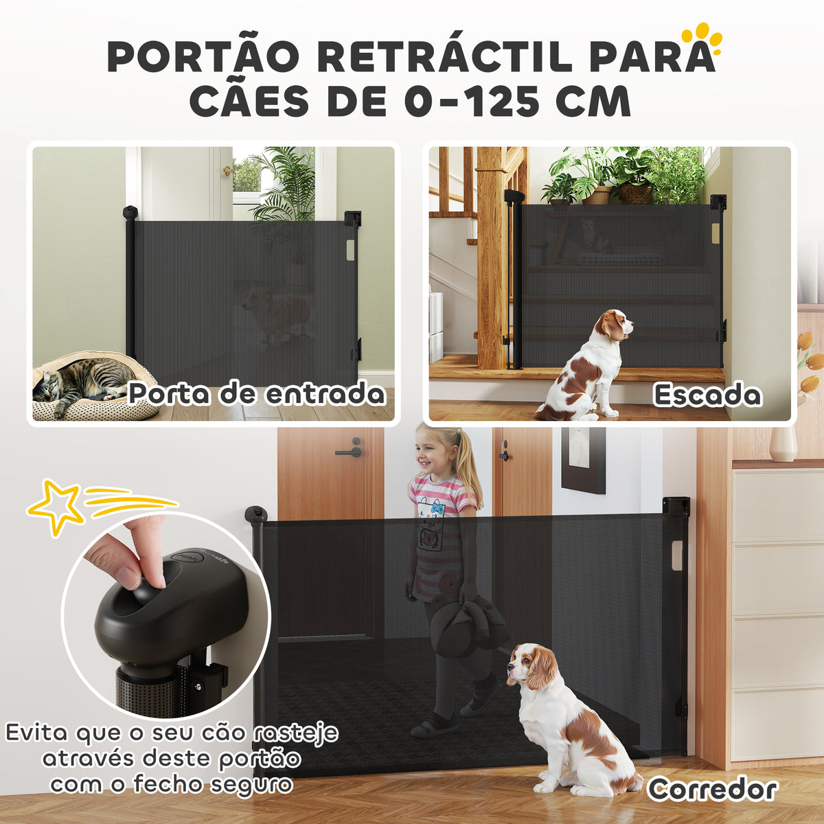 Barreira para Cães Retrátil 0-144 cm Barreira para Cães Pequenos Extensível Barreira de Segurança para Animais de Estimação com Fecho para Escadas Portas Corredores Preto — foto 4