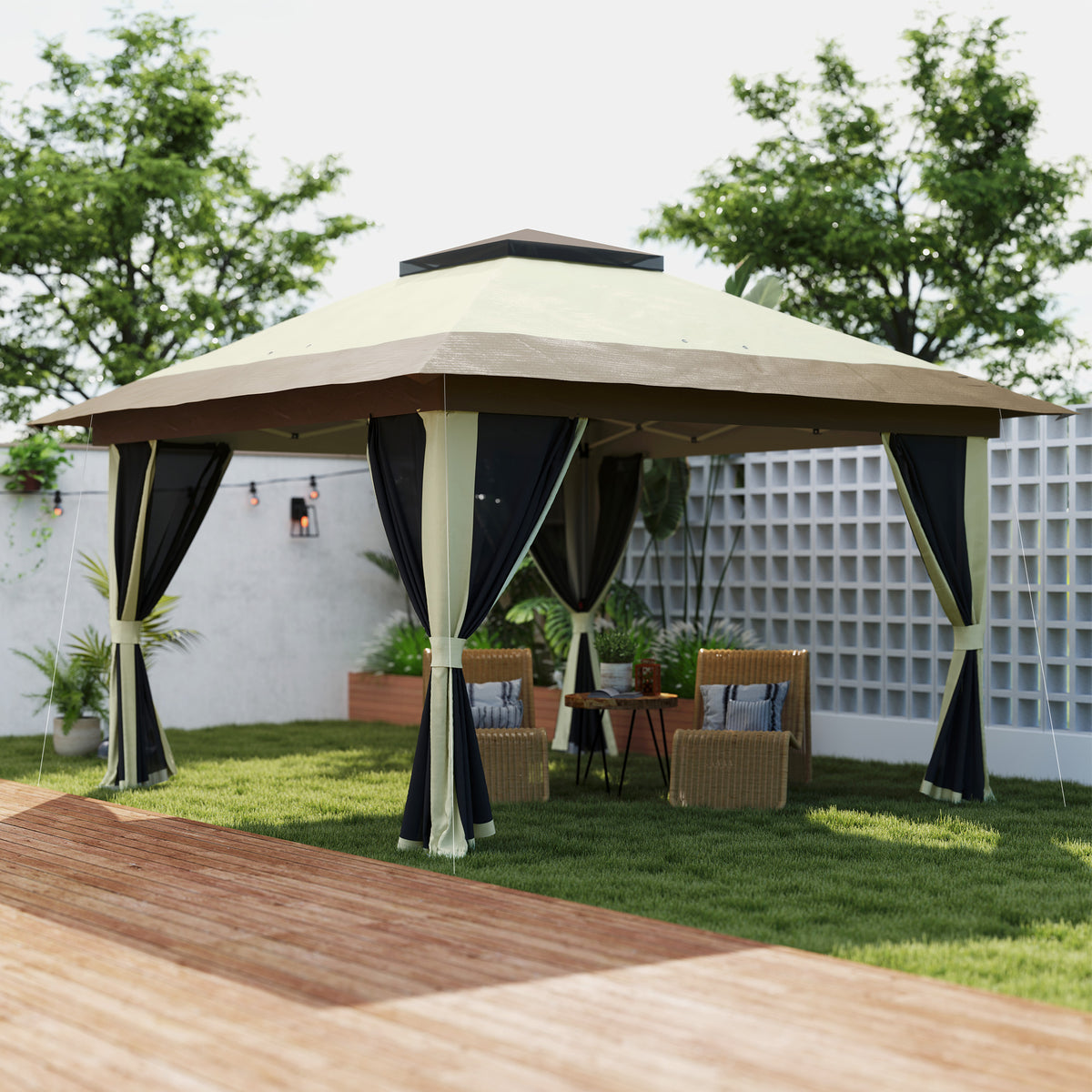 Pérgola Dobrável 356x356x280 cm Pérgola Dobrável com 4 Paredes Laterais de Malha Anti-UV Altura Ajustável Bolsa de Areia e Bolsa de Transporte para Campismo Festas Bege e Marrom — foto 2