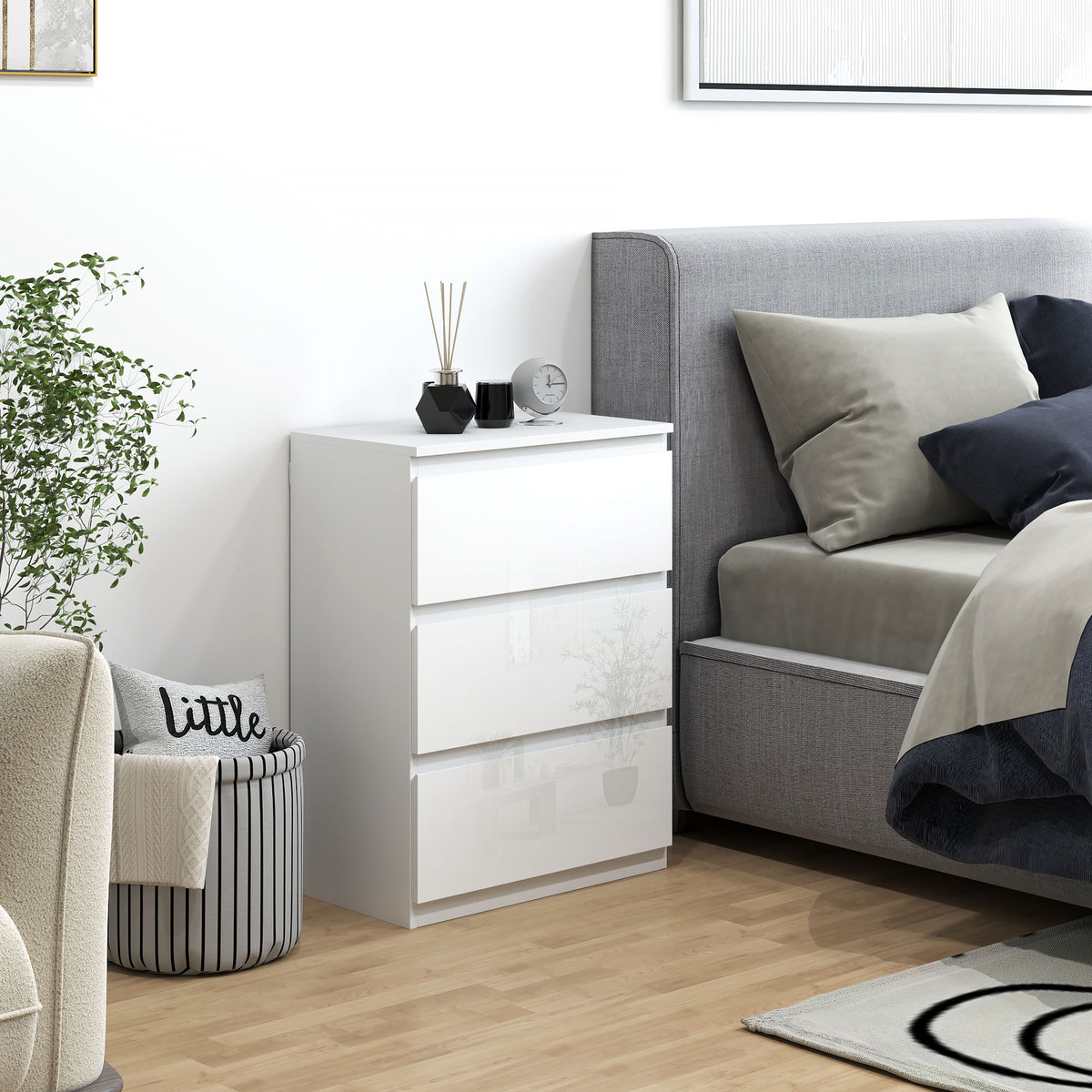 Cómoda com 3 Gavetas de Madeira Cómoda de Dormitório Cómoda Branca para Sala de Estar Estilo Moderno 55x34x75 cm Branco Brilhante — foto 2